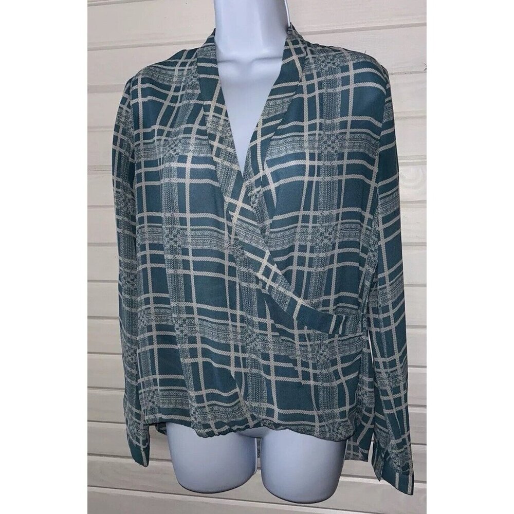 CAbi #3068 Sz XS Aqua Green Windowpane Plaid Faux Wrap Blouse L/S EUC
